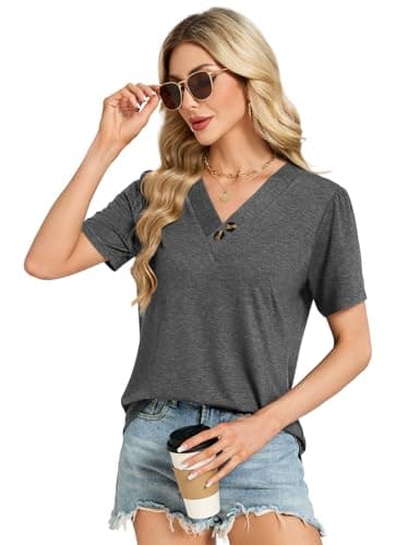 VUTRU Tops for Women V Neck Blouse Puff Short Sleeve Henley Tunic Shirt Loose Fitting Work Casual Plus Size Summer Clothes, Grey L - Thumbnail 4