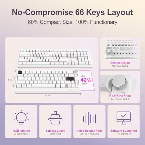 YOUSUOMASTER X82 Wired Gaming Keyboard with Volume Knob,60% Mechanical Keyboard Gasket Mount RGB Backlit with Software,Mini Keyboards with 66 Keys Hot Swappable Red Switch,Translucent Characters White - Thumbnail 2