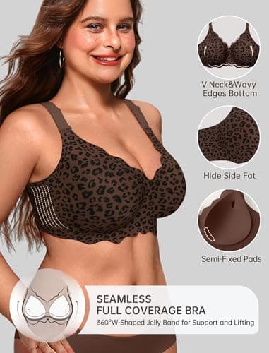 OEAK Women Jelly Bras No Underwire Scalloped Push Up Buttery Soft Tshirt Bra Seamless Full Coverage Convertible Everyday Bra Leopard Coffee,4XL - Thumbnail 2