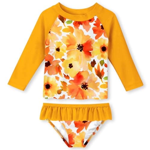 Funnycokid Toddler Girls Swimsuit Floral Rash Guard Sets 4T 5T 2 Piece Long Sleeve Bathing Suits Yellow Swimwear 4-5 Years - Image 1