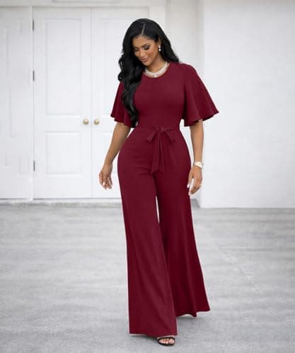 ABKY Jumpsuits For Women Dressy Batwing Sleeve Belted Wide Leg Romper Formal Wedding Evening Party Jumpsuit One Piece Outfits Burgundy M - Thumbnail 5