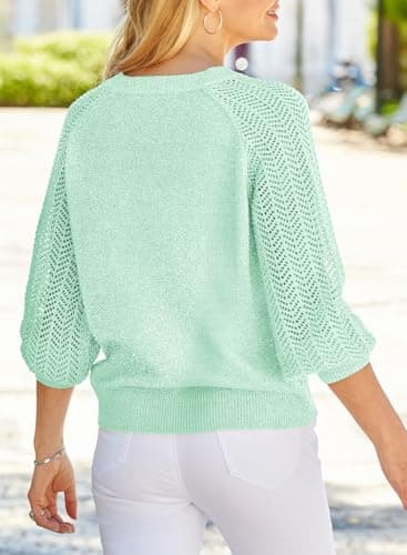 Dokotoo Womens Oversized Sweaters for Women 2026 Spring V Neck Long Puff Sleeve Solid Hollow Out Fashion Casual Loose Plain Solid Color Cable Knit Sweater Pullover Jumper Outerwear Sky Blue XX-Large - Thumbnail 6