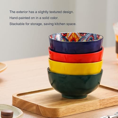 JINNTHE Bohemian Bliss 4.5-Inch Ceramic Bowls, Set of 4 - Colorful Dip Bowls, Salad Bowls, Snack Rice Bowls with Handcrafted Artisan Prints, Dishwasher & Oven Safe - Thumbnail 3