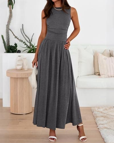 BTFBM Summer Maxi Dresses for Women 2026 Spring Sleeveless Casual Ruched High Waisted Long Sundress Flowy Beach Dress(Dark Grey, Large) - Thumbnail 5