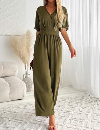 LOOKBOHO Womens Dressy Jumpsuits V Neck Belted Waist Casual Wide Leg Pants Romper Formal Elegant Jumpsuit Army Green M - Thumbnail 5