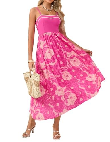 Casual Summer Dress for Women 2026 Color Block Floral Spaghetti Strap Maxi Dress Rose Red Floral XXL - Image 1