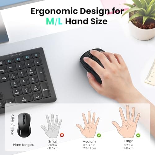 TECKNET Rechargeable Bluetooth Mouse, [ USB + BT5.0 + BT3.0 ] Wireless Mouse, Ergonomic Design, Silent Click, 6-Level 4800 DPI Wireless Mice, 3-Device Switching for Laptop, Computer, MacBook（Black） - Thumbnail 4
