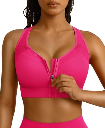 BRXL Zip Front Sports Bras for Women High Support Sports Bra with Sewn in Pads Adjustable Straps Sport Bras Pink XL - Image 1