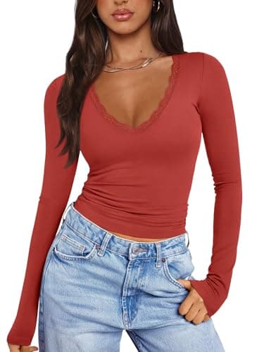 PINKMSTYLE Women Long Sleeve Shirts Double Lined Slim Fit Tops Basic Tee 2025 Fall Outfits Casual T-Shirt Underscrubs Layer Clothes Bright Red Large - Image 1