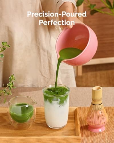 Maestri House Pink Matcha Whisk Set, 7-Pc Complete Matcha Kit with Spouted Ceramic Bowl, Bamboo Whisk and Holder, Scoop, Spoon Rest & Sifter, Tea Cloth – Ideal Gift for Matcha Lovers (Pink) - Thumbnail 6