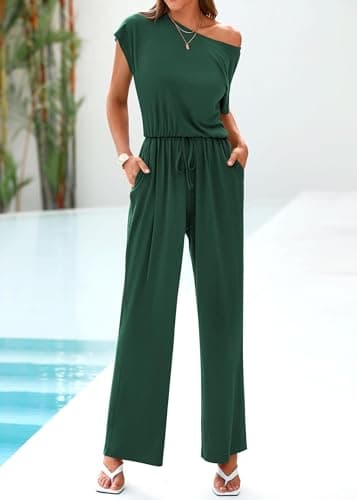 KIRUNDO Womens Jumpsuit 2026 Casual Summer Loose One Piece Off Shoulder Elastic Waist Wide Leg Long Romper with Pockets(Dark Green, Medium) - Thumbnail 5