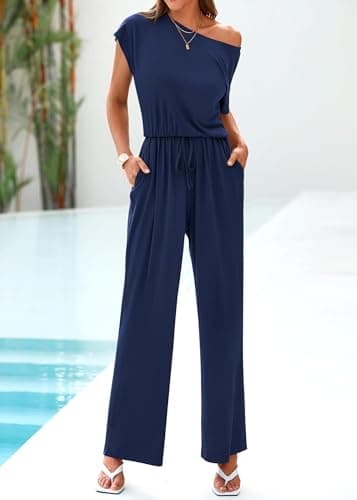 KIRUNDO Casual Jumpsuits for Women Summer Short Sleeve Off Shoulder Wide Leg One Piece Jumpsuits Loose Drawstring Long Pants Romper Overalls Vacation Clothes(Navy, X-Large) - Thumbnail 5