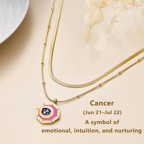 LETFLY Cancer Zodiac Necklace for Women, 18K Gold Plated Octagon Shaped Pendant with Cubic Zirconia Adjustable Layered Snake Chain for Womens Jewelry Gifts - Thumbnail 5
