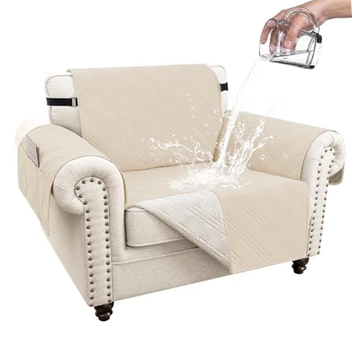 Eusalioy 100% Waterproof Couch Cover for Dogs, Anti-Slip Washable Sofa Cover with Elastic Straps & Side Pockets, Durable Furniture Protector for Kids, Pets & Dogs (Armchair 23", Beige)