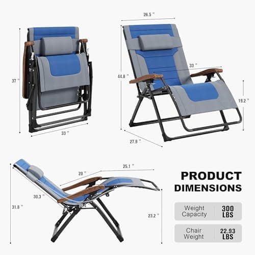 PURPLE LEAF Extra Wide Outdoor Reclining Chair Patio Zero Gravity Chaise Lounge Folding Chair with Quilted Cushion Adjustable Headrest for Lawn Camping Beach Pool Grey and Navy Blue - Thumbnail 2