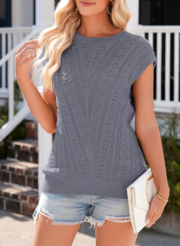 Dokotoo Sweaters Vests for Women Summer Tops Grey Knit Tank Top for Women Spring Outfits Clothing 2025 Trendy Pullover Sweater Oversized Loose Shirts Fit Crew Neck Cropped Size XX-Large - Thumbnail 5