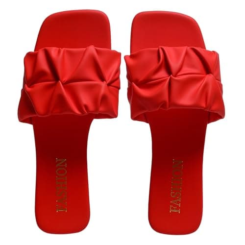 EcooInviv Women's Pleated Square Toe Slide Sandals, Trendy Flat Sandals with Open Toe, Lightweight Summer Shoes for Wedding, Beach & Daily Wear - Image 1