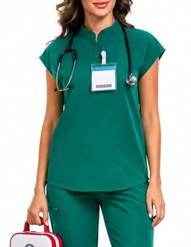 VECARDI Women's Scrub Top Zip Front Stretch Short Sleeve Nurse Uniform Shirt with Pockets Badge Loop Hunter Green - Thumbnail 5