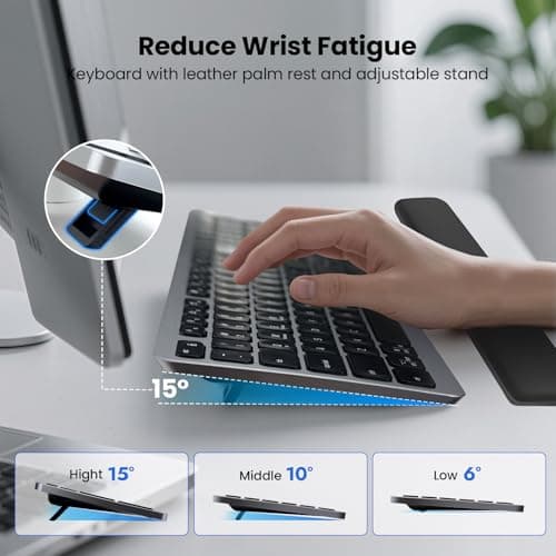 Wireless Keyboard, Bluetooth Keyboard with Leather Palm Rest, Backlighting, Multi-Device Pairing, USB C Rechargeable, for Windows, Mac, iOS, Android, Chrome, Office, Students, Long Hours Typing - Thumbnail 5