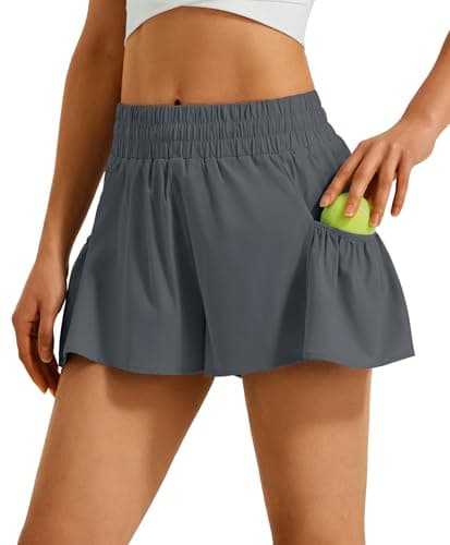 Ksmien Women's Athletic Running Shorts High Waisted Flowy Lightweight Shorts with Pockets for Tennis Golf Workout Gym Deep Grey - Image 1