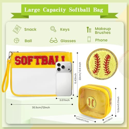 PEVART 2-Piece Softball Gifts Makeup Snack Bag Chenille Letter Patch | Large Baseball Clear PVC Travel Zipper Pouch Accessories Stuff Waterproof Portable Sport Bag for Mom, Girls - Thumbnail 2