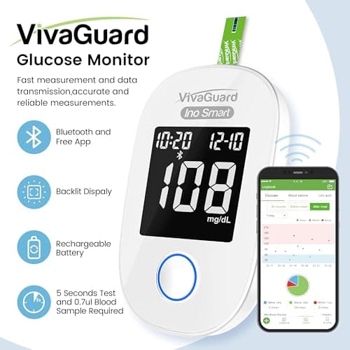 VivaGuard Ino Smart Bluetooth Blood Glucose Monitor Kit with Free App, Rechargeable Backlit Display Blood Sugar Meter with 100 Strips & 100 Lancets, Portable Diabetes Testing Kit for Travel, No Coding - Thumbnail 3