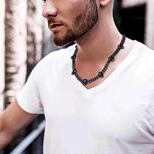Bestyle Black Skull Choker Necklace 9mm Thick Heavy Thorns Iron Chain Necklace Unisex Hip-hop Harajuku Punk Gothic Cuban Chain Necklace for Men Women 16 inch - Thumbnail 3