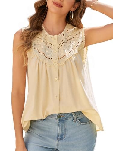 IYICLOTH Women Lace Trimmed Ruched Tank Top Summer Sleeveless Vacation Boho Tops Dressy Casual Button Down Shirts Lightweight,M Apricot - Image 1
