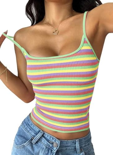 PRETTYGARDEN Women Summer Crop Tops Sleeveless Spaghetti Strap Tank Striped Cami Knit Y2K Clothes Slim Fit Spring Shirts(Light Green,XX-Large) - Image 1