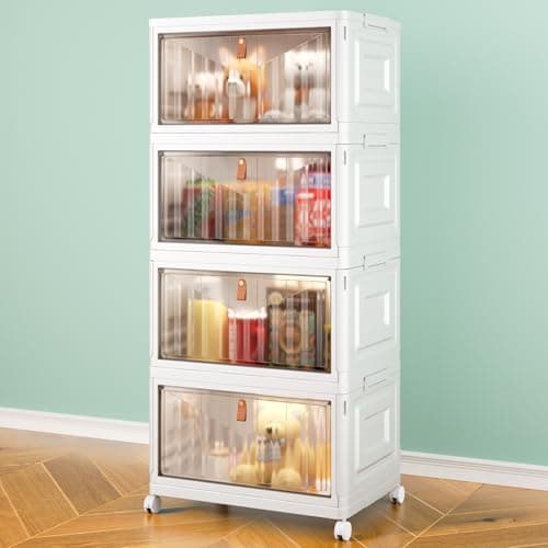 4 Tier Storage Bins with Lids, 23QT Stackable Closet Organizers and Storage with Wheels, Collapsible Storage Boxes, Foldable Plastic Storage Containers for Home,Office, Dorm Room-White - Image 1