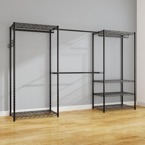 ecobedding Heavy Duty Garment Rack, 1000LBS Max Load Freestanding Closet Organizer with 6 Storage Shelves & 3 Adjustable Hanging Rods, Multifunctional, Glossy Black, 15.75" D x 70-88.5" W x 76.5" H - Thumbnail 2