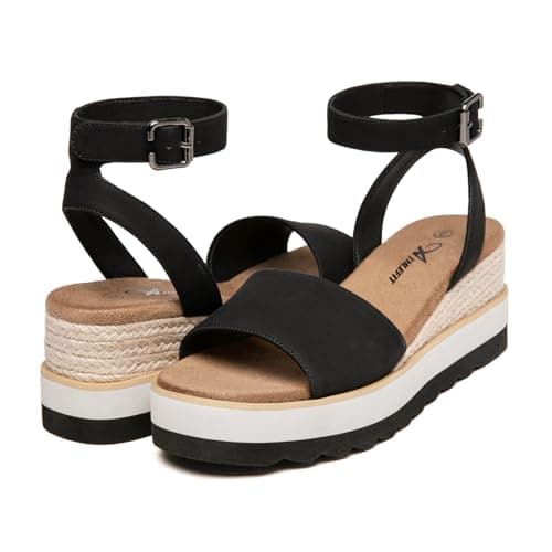 Athlefit Athlfit Women's Open Toe Buckle Ankle Strap Summer Casual Espadrille Platform Wedge Sandals, Black/Pu, Size 7, AD00442 - Thumbnail 6