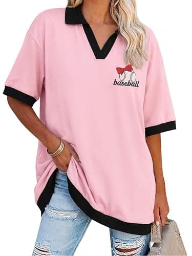 Baseball Shirts Women Oversized Baseball Graphic Tee Funny Game Day Gifts Collared V Neck Short Sleeve Tops Pink - Image 1