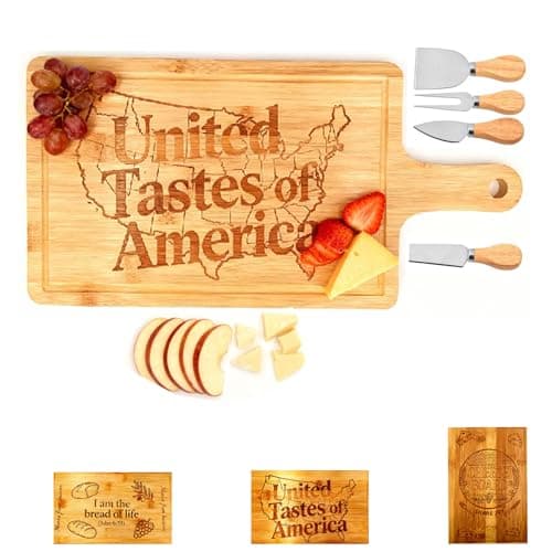 Engraved Bamboo Charcuterie Board – “United Tastes of America” Cheese Board with 4 Cheese Knives, Serving Platter with Juice Groove & Handle, Gift for BBQ/4th