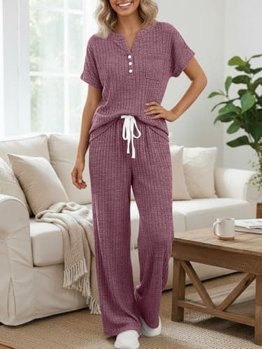 LILLUSORY Women 2 Two Piece Matching Lounge Sets 2026 Spring Summer Beach Vacation Clothes Pajamas Top Wide Leg Pants Sweat Suits Airport Travel Outfits Casual Sweatsuit Fashion Loungewear - Thumbnail 2