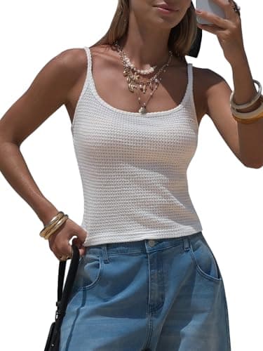EXLURA Women Summer Crochet Crop Tops Sleeveless Spaghetti Strap Tank Cami Knit Y2K Clothes Boho Resort Beach Going Out Tops White - Image 1
