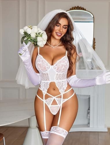 Avidlove Lingerie for Women Bridal Lingerie Sexy Teddy Lingerie with Garter Belt Lace Bodysuit White XL - Thumbnail 3