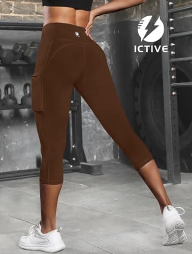ICTIVE Women's Capris Yoga Pants with Pockets Crossover V Cross High Waisted Fitness Running Leggings Coffee S - Thumbnail 3