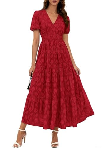 KIRUNDO Summer Dresses for Women 2026 Boho Flowy Casual Short Sleeve V Neck Elastic Waist Floral Long Baby Shower Maxi Dress(Red, XX-Large) - Image 1
