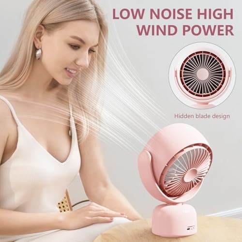 Sunytee 6000mah Rechargeable table Fan, Portable Fan with LED Makeup Mirror 5-Speed Quiet Cooling Fan|3 Level Dimming led vanity mirror with light fan | USB-Powered For Home/Office/Kitchen (Pink) - Thumbnail 5