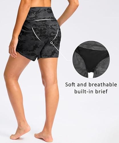 Viodia Women's 5" High Waisted Swim Board Shorts Quick Dry Beach Shorts with Pockets UPF 50+ Swimsuit Bottoms with Liner Black camo L - Thumbnail 3