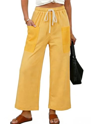 EVALESS Pants for Women Casual High Waisted Baggy Cargo Pants 2026 Summer Ankle Length Wide Leg Trousers with Pockets Drawstring Elastic Band Women's Clothing Yellow Large - Image 1