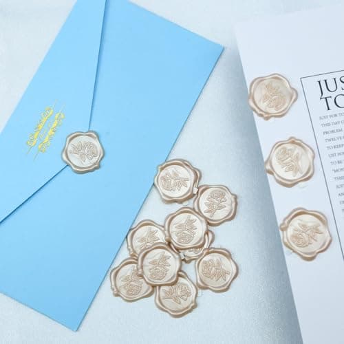 Pilloze Wax Seal Stickers - 3D Champagne Rose Wedding Invitation Envelope Botanical Seal Stickers, 50 Pcs Self- Adhesive Stickers, Perfect for Wedding Invitation, Christmas, Gift Wrapping, Baby Shower - Thumbnail 3