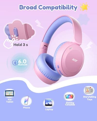 acer Kids Bluetooth Headphones, 85/94dB Volume Limiter, Foldable Wireless Over-Ear Headphones for iPad, Travel, 60H Playtime, Bluetooth 6.0, Built-in Mic, Pink Purple, OHR668 - Thumbnail 6