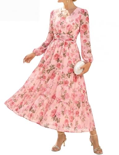 GRACE KARIN Women's Floral Long Sleeve Dresses,Elegance Wedding Guest Dresses,Maxi Dress Grayish with Pink Flowers XL - Image 1