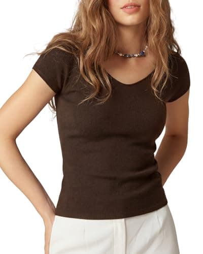 SUUKSESS Women Silk Cashmere Blend Short Sleeve Pullover Sweater Wide V Neck Tops Business Casual (Dark Brown, XL) - Image 1