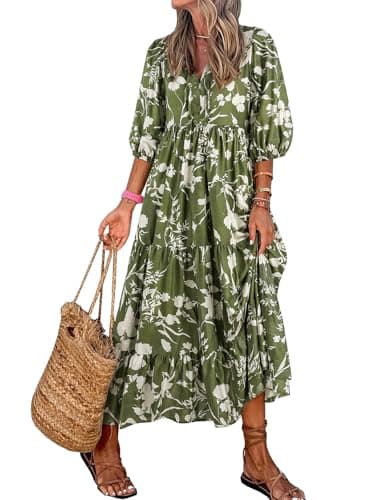EXLURA Womens Summer Faux Linen Boho Maxi Dresses Oversized V Neck Half Sleeve Floral Flowy Casual Long Maternity Dress 2026 - Image 1