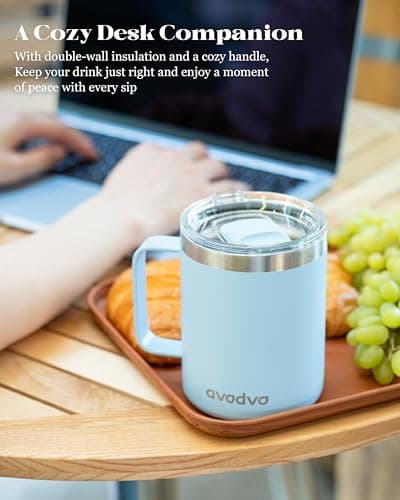 avodvo 12oz Insulated Coffee Mug with Lid – Includes Two Lids, Stainless Steel Coffee Travel Mug with Handle, Double Wall Vacuum Insulated Camping Mug for Home, Office & Outdoor, Light Blue - Thumbnail 5