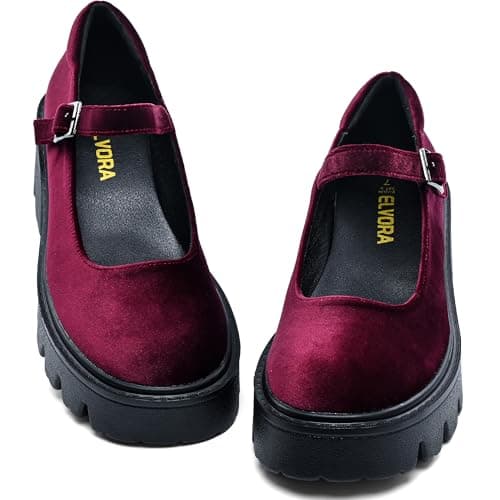 Elvora Women's Mary Jane Shoes - Platform Mary Janes for Women, Burgundy Velvet Round Toe Chunky Dress Shoes with Adjustable Ankle Strap - Thumbnail 3