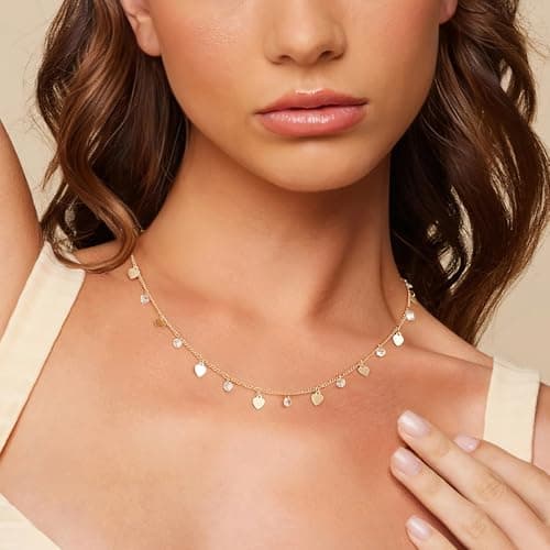 MTMY Gold Station Necklace for Women 14K Gold Plated Cubic Zirconia Cute Cross Heart Shell Teardrop Charm Station Choker Necklace Dainty CZ Chain Necklaces for Women Trendy Jewelry Gifts(Heart) - Thumbnail 4